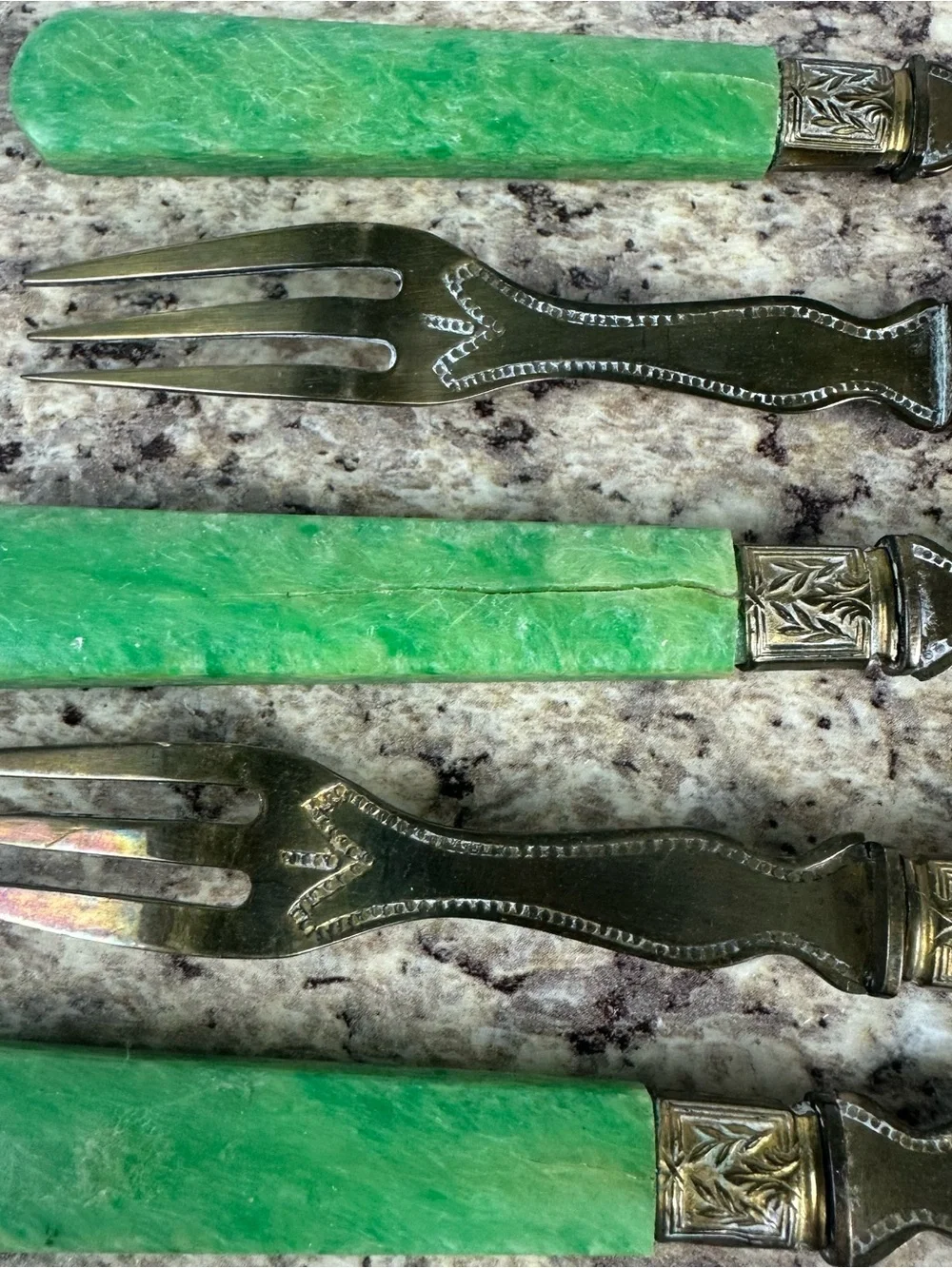 Set of 12 Antique French Vermeil Green Handle Fruit Service Flatware Fork Knife
